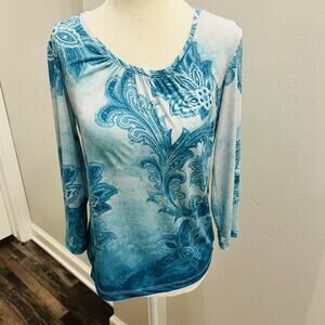 Chicos Women's (0) Small Knit Pullover Blue White Floral (A0132)